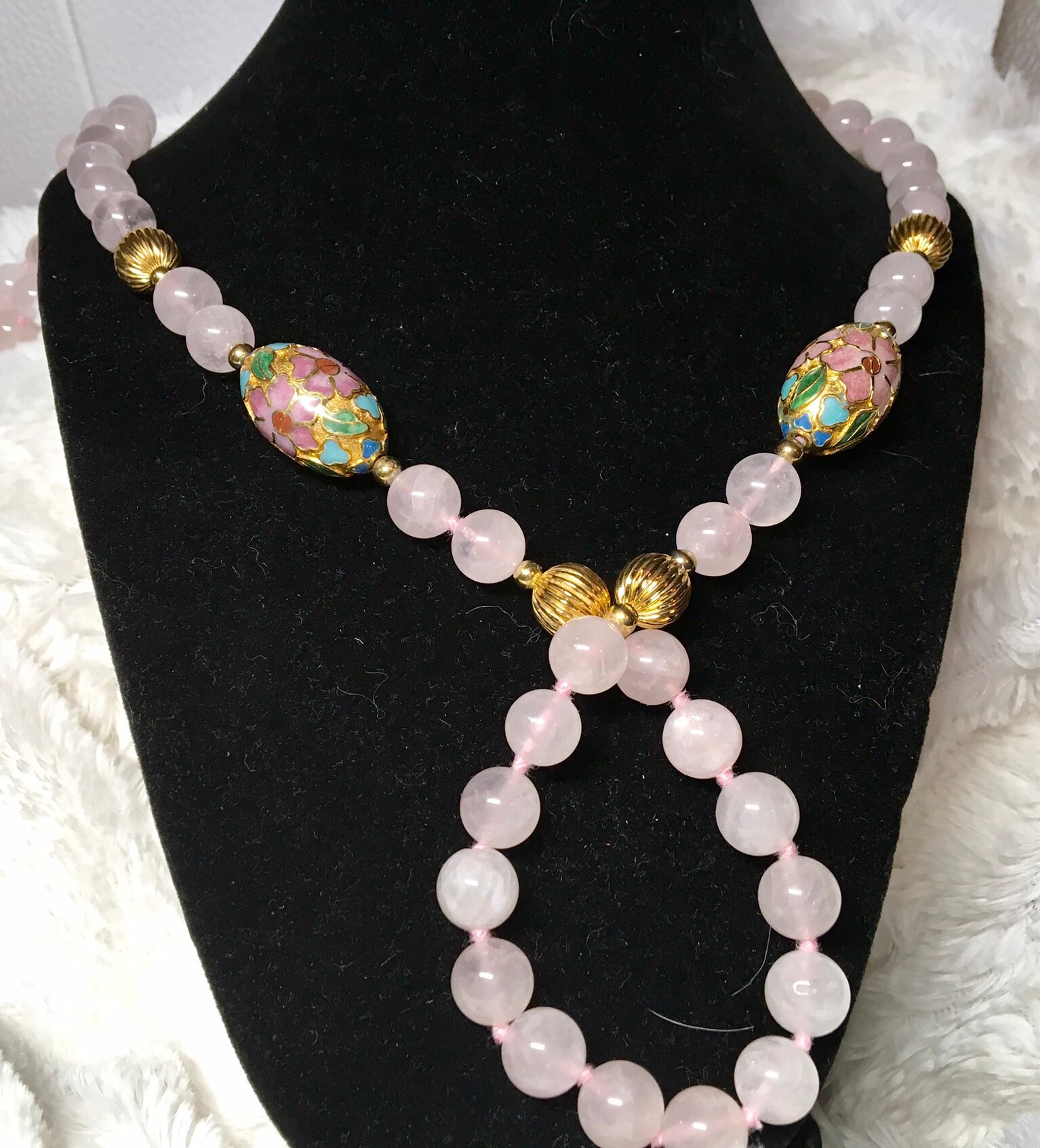 Vintage Quarz Perle Und Cloisonne Halskette, Rosa Oder Natürlicher Edelstein, 16 "Lang von PokitaGifts