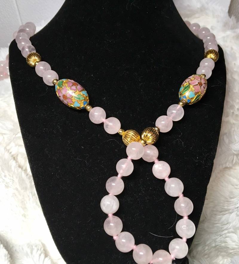 Vintage Quarz Perle Und Cloisonne Halskette, Rosa Oder Natürlicher Edelstein, 16 "Lang von PokitaGifts