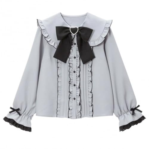 Pokn Jirai Kei Lolita Mode Cutecore Kleidung Kawaii Kleidung Bluse Goth Shirt Frauen Spitze Mesh Sheer Langarm Bluse, Blau, M von Pokn