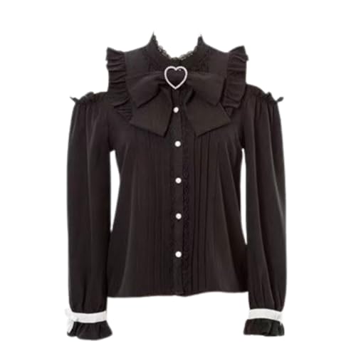 Pokn Jirai Kei Lolita Mode Cutecore Kleidung Kawaii Kleidung Bluse Goth Shirt Frauen Spitze Mesh Sheer Langarm Bluse, Schwarz, L von Pokn