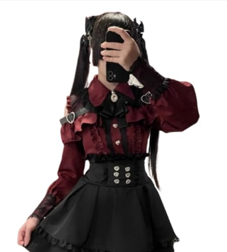 Pokn Lolita Shirts Jirai Kei Mode Kawaii Kleidung Goth Shirts Frauen Spitze Mesh Sheer Langarm Bluse, Rot/Ausflug, einfarbig (Getaway Solids), Mittel von Pokn