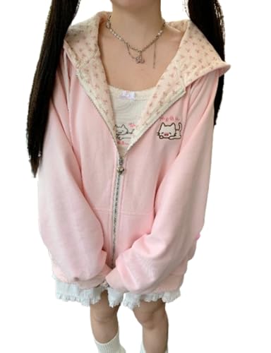 Pokn Y2K Jojifuku Cutecore Kawaii Hoodie Kleidung Damen Langarm Tops Grafik Cutecore Shoujo Kleidung, Pink, L von Pokn