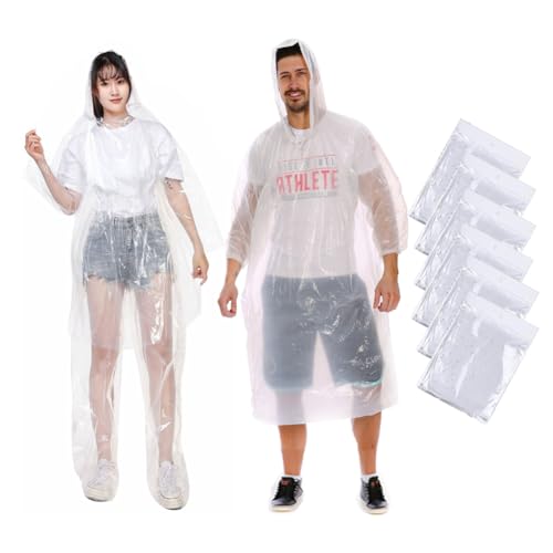 Poktlife Regenponcho Festival Einweg mit Wasserdichte Hose Kapuze,Regenschutz Regencape mit Tunnelzug Kapuze und Elastische Manschette für Regenponcho Festival Camping (6 Stück Transparent mit Hose) von Poktlife