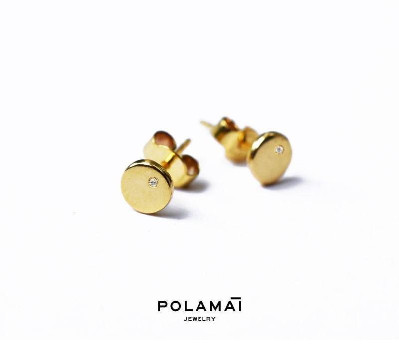 Diamant Set Stein Ohrringe 5 Mm 585Er Gelbgold. Disc Circle Ohrstecker. Massives Gelb Rose Weiß Gold. Polama von Polamai