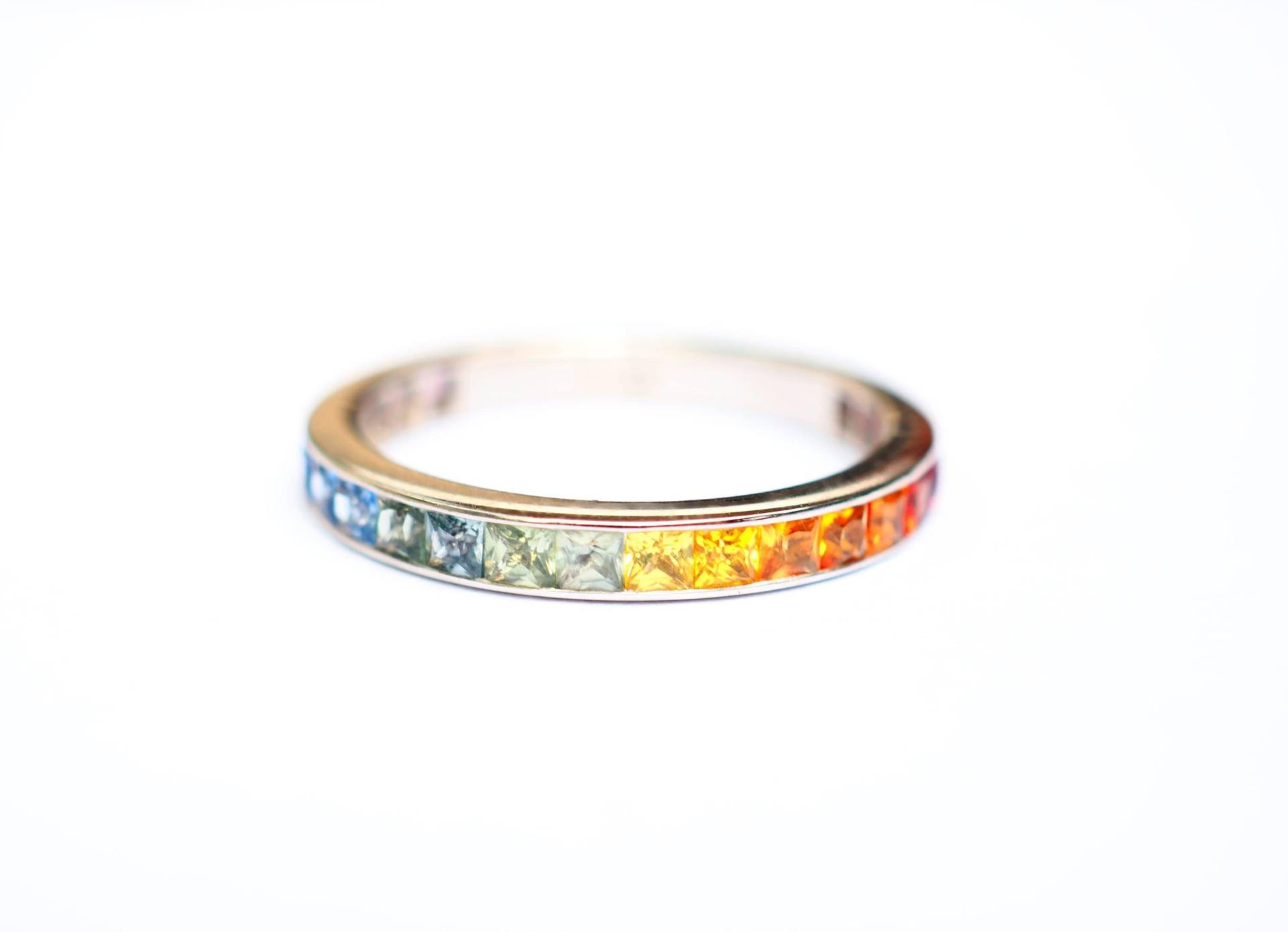 Princess Cut Regenbogen Saphir Eternity Ring Natürliche Multicolor Edelstein Wedding Band 18K 14K 3 4 Channel Set Gelb Rose Weiß Gold von Polamai