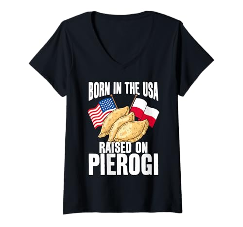 Damen Polen geboren in den USA auf Pierogi-Flagge T-Shirt mit V-Ausschnitt Damen Polen geboren in den USA auf Pierogi-Flagge T-Shirt mit V-Ausschnitt von Poland American Pride Polish Heritage