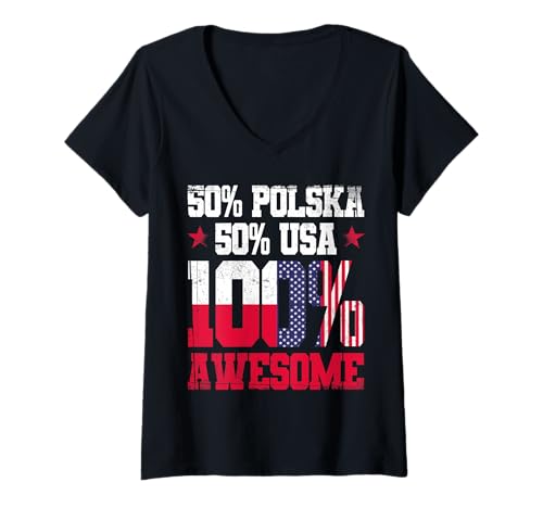 Damen Polen 50% Polska 50% USA 100% Awesome Vibes T-Shirt mit V-Ausschnitt von Poland Flag Fusion Polish American Pride