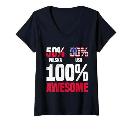 Damen Polen USA 50% 100% Awesome Poland USA Edition T-Shirt mit V-Ausschnitt Damen Polen USA 50% 100% Awesome Poland USA Edition T-Shirt mit V-Ausschnitt von Poland Flag Fusion USA Polish Pride