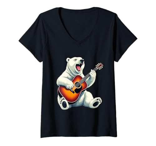 Damen Eisbär spielt Gitarre Design Lustiger Eisbär T-Shirt mit V-Ausschnitt Damen Eisbär spielt Gitarre Design Lustiger Eisbär T-Shirt mit V-Ausschnitt von Polar Bear Lovers Designs