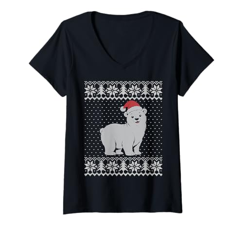 Damen Eisbär Weihnachtspullover, süße weiße Bär Weihnachtsmütze T-Shirt mit V-Ausschnitt Damen Eisbär Weihnachtspullover, süße weiße Bär Weihnachtsmütze T-Shirt mit V-Ausschnitt von Polar Bear Ugly Sweater