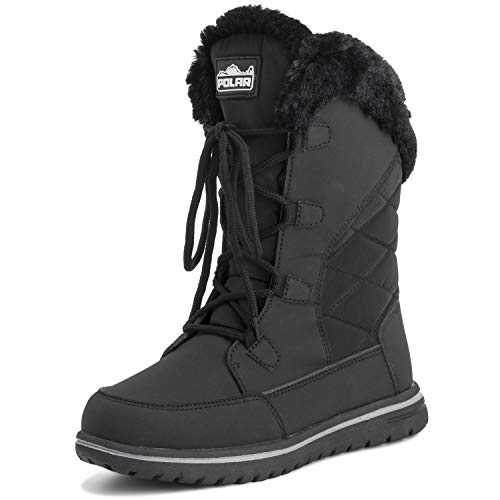 Polar Boot Damen Gesteppt Draussen Manschette Schnee Ente Wasserdicht Schnüren Kunstpelz Stiefel - 4 - BLK37 AYC0540 von Polar Boot