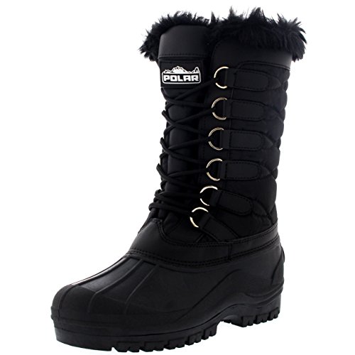 Damen Nylon Kaltes Wetter Im Freien Schnee Ente Winter Regen Pelz Cuff Lace Stiefel - Schwarz - BLK36 AYC0132 von Polar