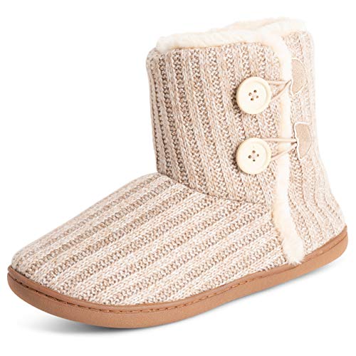 Polar Damen Gedächtnisschaum Strickknopf Kunstfell Draussen Gummisohle Plüsch Winter Komfort Hausschuhe - Beige - UK5/EU38 - YC0718 von Polar