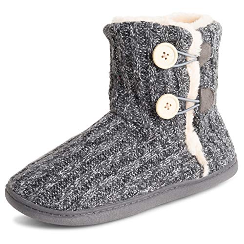 Polar Damen Gedächtnisschaum Strickknopf Kunstfell Draussen Gummisohle Plüsch Winter Komfort Hausschuhe - Grau - UK4/EU37 - YC0717 von Polar
