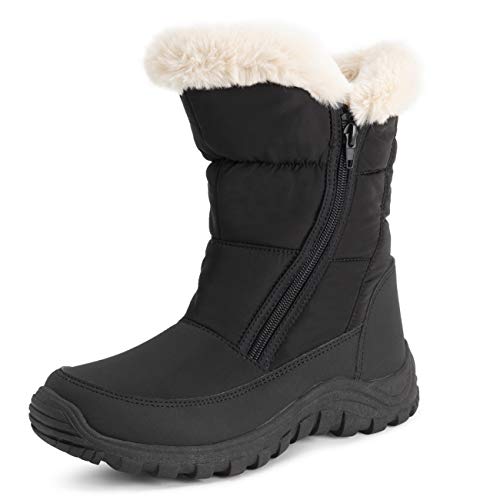 Polar Damen Gedächtnisschaum Zwilling Reißverschluss Öffnen Ziehen Sie An Nylon Wasserdicht Kunstfell Gefüttert Winter Regen Schnee Stiefels - Schwarz/Beige - UK7/EU40 - YC0662 von Polar
