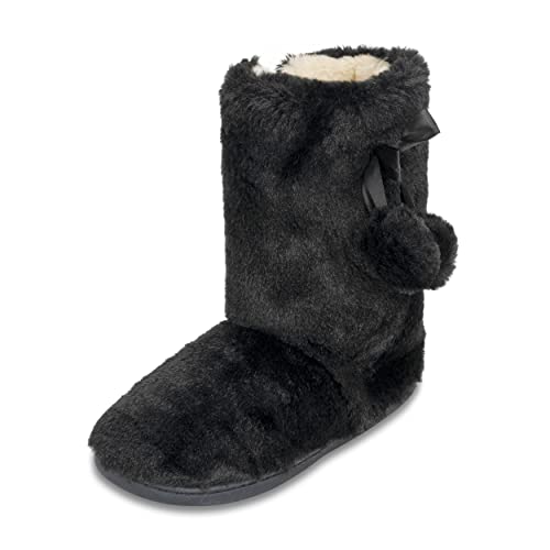 Polar Damen-Hausschuhe aus Kunstfell – Memory-Schaum für den Innenbereich mit rutschfester Gummisohle – weicher und flauschiger Hausschuh mit niedlichen Pompons – Stiefeletten, Schwarz , 37 EU von Polar