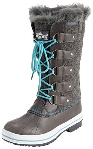 Polar Damen Quilted Hoch Schnee Wasserdicht Winter Kunstpelz Dauerhaft Gummisohle Draussen Regen Stiefels - Grau Textil/Blau - UK5/EU38 - YC0632 von Polar