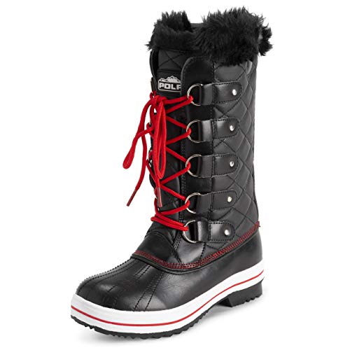 Polar Damen Quilted Hoch Schnee Wasserdicht Winter Kunstpelz Dauerhaft Gummisohle Draussen Regen Stiefels - Schwarz/Rot - UK7/EU40 - YC0630 von Polar