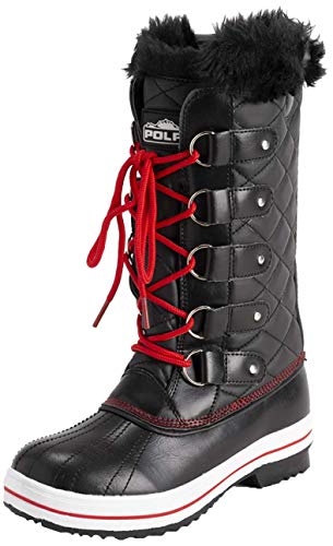 Polar Damen Quilted Hoch Schnee Wasserdicht Winter Kunstpelz Dauerhaft Gummisohle Draussen Regen Stiefels - Schwarz/Rot - UK8/EU41 - YC0630 von Polar