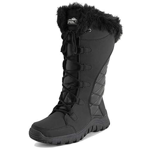 Polar Damen Quilted Kunstpelz Cuff Winter Duck Gummisohle Dauerhaft Schnee Regen Draussen Stiefels - Schwarz Leder Hoch - UK9/EU42 - YC0659 von Polar