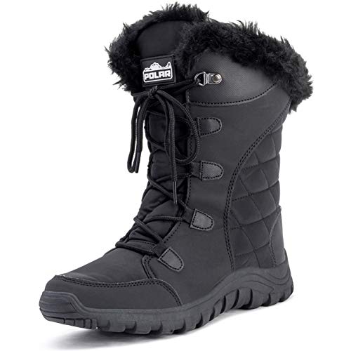 Polar Damen Quilted Schnüren Schwarz Im Freien Pelz Gefüttert Cuff Schnee Regen Ente Stiefel - Schwarz - BLK36 AYC0129 von Polar