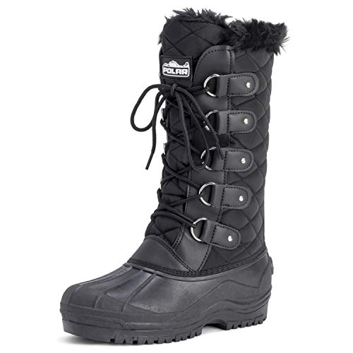 Polar Damen Tall Gesteppt Pelz Gefüttert Schnee Taktisch Berg Wasserdicht Knie hoch Gehen Stiefel - Schwarz - UK8/EU41 - YC0356 von Polar