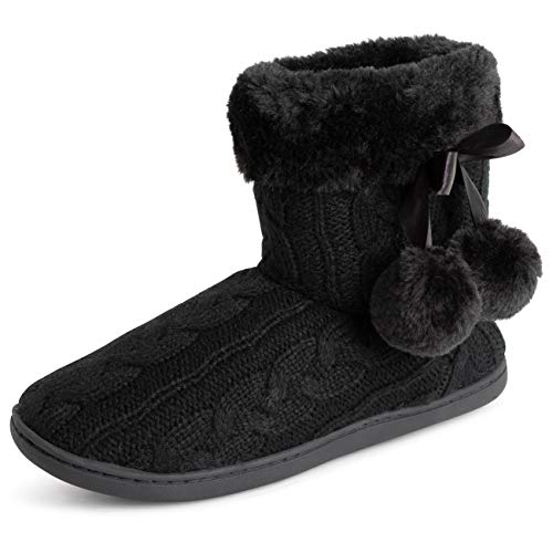 Polar Frauen Gedächtnisschaum Pom Pom Winter Kunstpelz Luxus Plüsch Gemütliche Gummisohle Innen Draussen Hausschuhe - Schwarz Gestrickt - UK4/EU37 - YC0714 von Polar