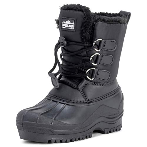 Unisex Kinder Pull On Drawstring Schliessen Nylon Dreck Ente Schnee Regen Pelz Stiefel - Schwarz - BLK34 AYC0162 von Polar