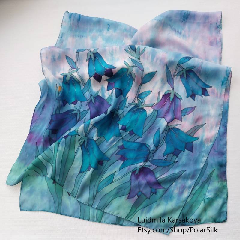 Blaugrüner Schal "Rainy Meadow"." Kunstvoll Handgefertigt Aus 100% Naturseide von PolarSilk