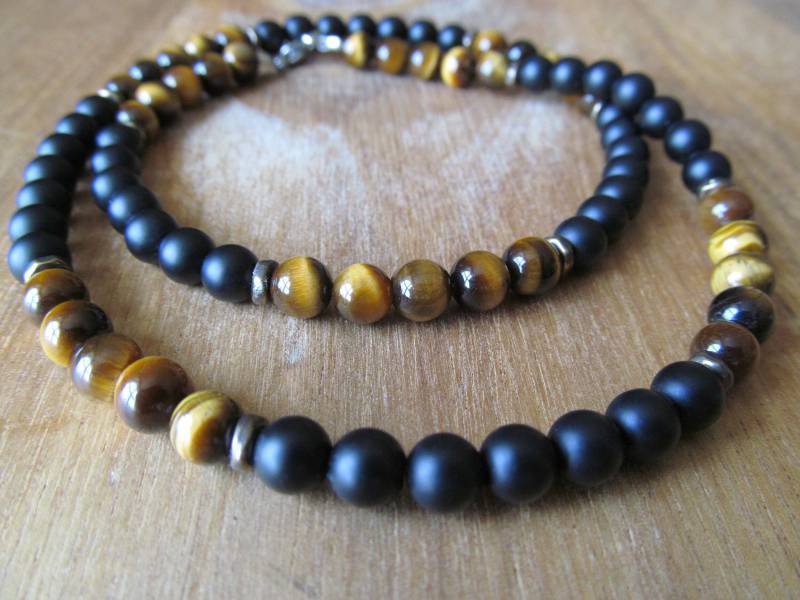 6 Mm Tigerauge Und Matte Schwarze Onyx Perlen-Halskette Für Männer von PolarisDesignStudio