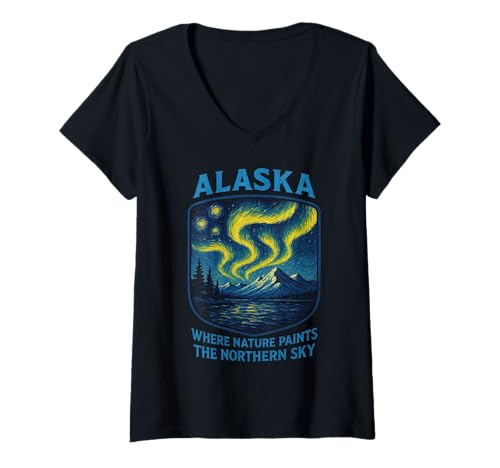 Damen Alaska Aurora Borealis Polarlichter im Van Gogh Stil T-Shirt mit V-Ausschnitt Damen Alaska Aurora Borealis Polarlichter im Van Gogh Stil T-Shirt mit V-Ausschnitt von Polarlichter Alaska Reise