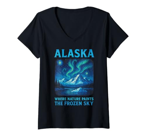 Damen Alaska Aurora Borealis Polarlichter im Van Gogh Stil T-Shirt mit V-Ausschnitt Damen Alaska Aurora Borealis Polarlichter im Van Gogh Stil T-Shirt mit V-Ausschnitt von Polarlichter Alaska Reise