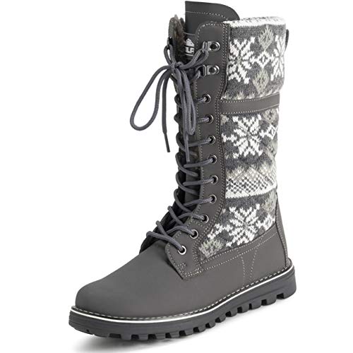 Polar Polar Damen Faux Fur Warm Thermal Waterproof Outdoor Walking Snow Winter Rubber Sole Wadenstiefel – Grau gestrickt – UK5/EU38 – YC0610 von Polar