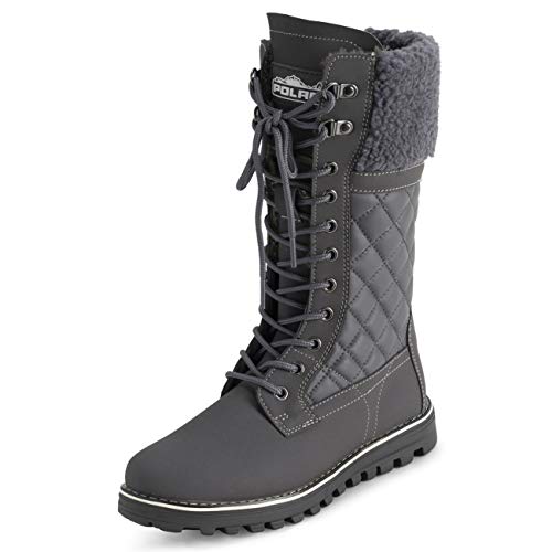 Polar Damen Kunstpelz Warm Thermal Wasserdicht Draussen Gehen Schnee Winter Gummisohle Wadenstiefel - Grau Leder - UK6/EU39 - YC0613 von Polarr