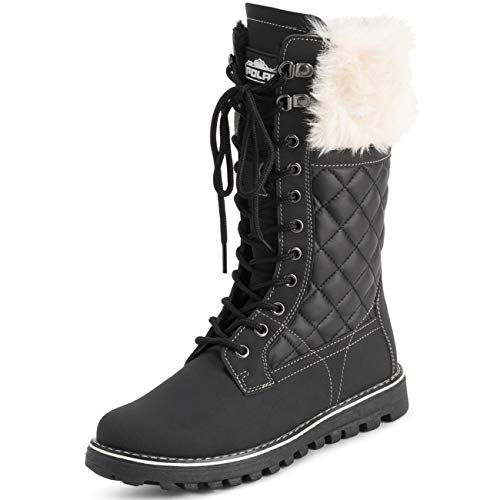 Polar Polar Damen Faux Fur Warm Thermal Waterproof Outdoor Walking Snow Winter Rubber Sole Wadenstiefel – Schwarz/Beige – UK4/EU37 – YC0605 von Polar