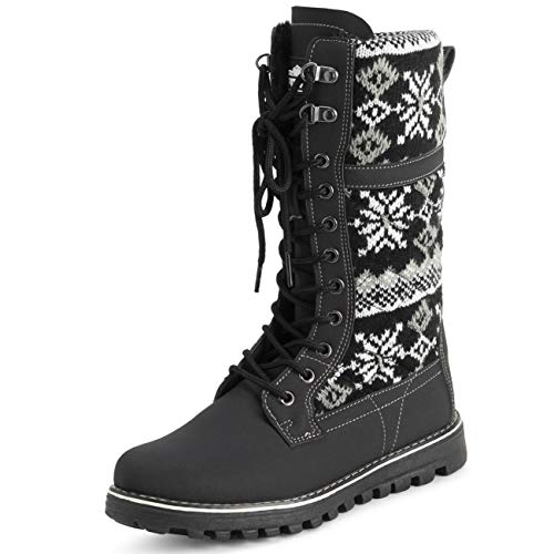 Polar Damen Kunstpelz Warm Thermal Wasserdicht Draussen Gehen Schnee Winter Gummisohle Wadenstiefel - Schwarz Gestrickt - UK10/EU43 - YC0609 von Polar