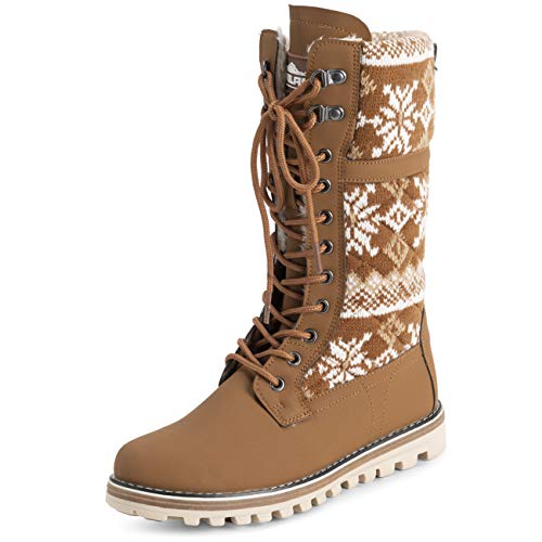 Polar Damen Kunstpelz Warm Thermal Wasserdicht Draussen Gehen Schnee Winter Gummisohle Wadenstiefel - Tan Gestrickt - UK5/EU38 - YC0611 von Polar