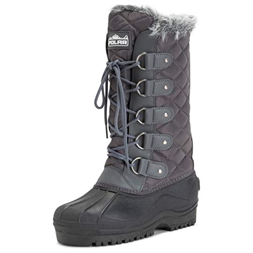 Polar Damen Tall Gesteppt Pelz Gefüttert Schnee Taktisch Berg Wasserdicht Knie hoch Gehen Stiefel - Grau - UK5/EU38 - YC0360 von Polar