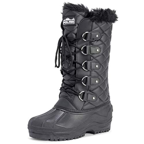 Polar Damen Tall Gesteppt Pelz Gefüttert Schnee Taktisch Berg Wasserdicht Knie hoch Gehen Stiefel - Schwarz Leder - UK5/EU38 - YC0361 von Polar