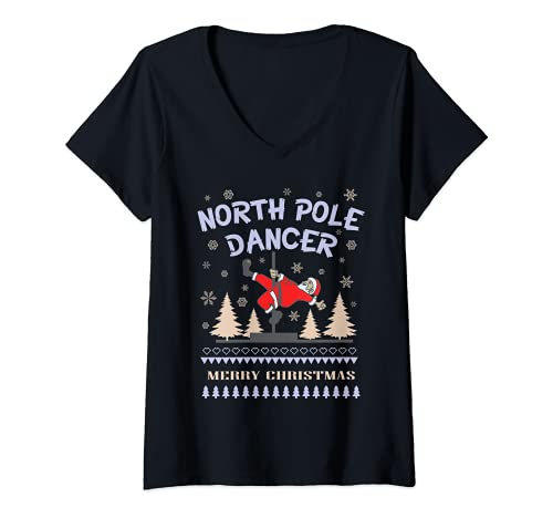 Damen Pole Dance Nikolaus Weihnachtsmann NorthPole Dancer Geschenk T-Shirt mit V-Ausschnitt von Pole Dance Geschenke Idee Pole Dancing für Frauen