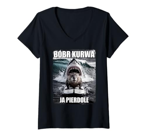 Damen Bober Kurva Surfer Biber Kostüm Selfie Hai Meme Bóbr Kurwa T-Shirt mit V-Ausschnitt von Polen Bober Meme Surfer Kurwa Polnische Geschenke