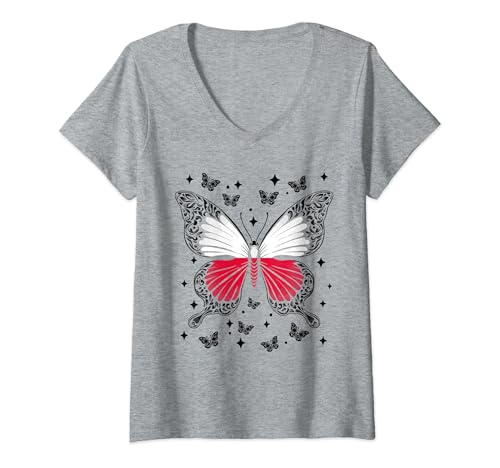 Damen Pole Schmetterling Polen T-Shirt mit V-Ausschnitt Damen Pole Schmetterling Polen T-Shirt mit V-Ausschnitt von Polen Geschenk