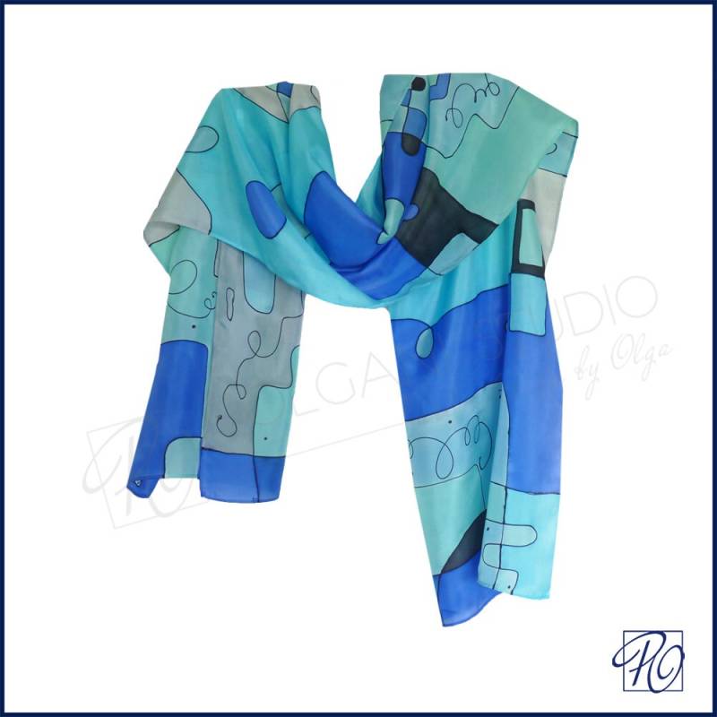 Blau Türkis Seidenschal Handbemalte Abstrakte Moderne Design 15x60 Zoll von PolganiStudio