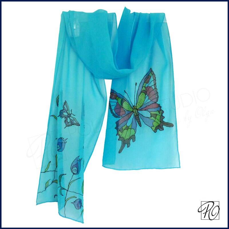 Chiffon Schal Blaue Blumen Und Schmetterling Handbemalte Seide 10x55 cm von PolganiStudio