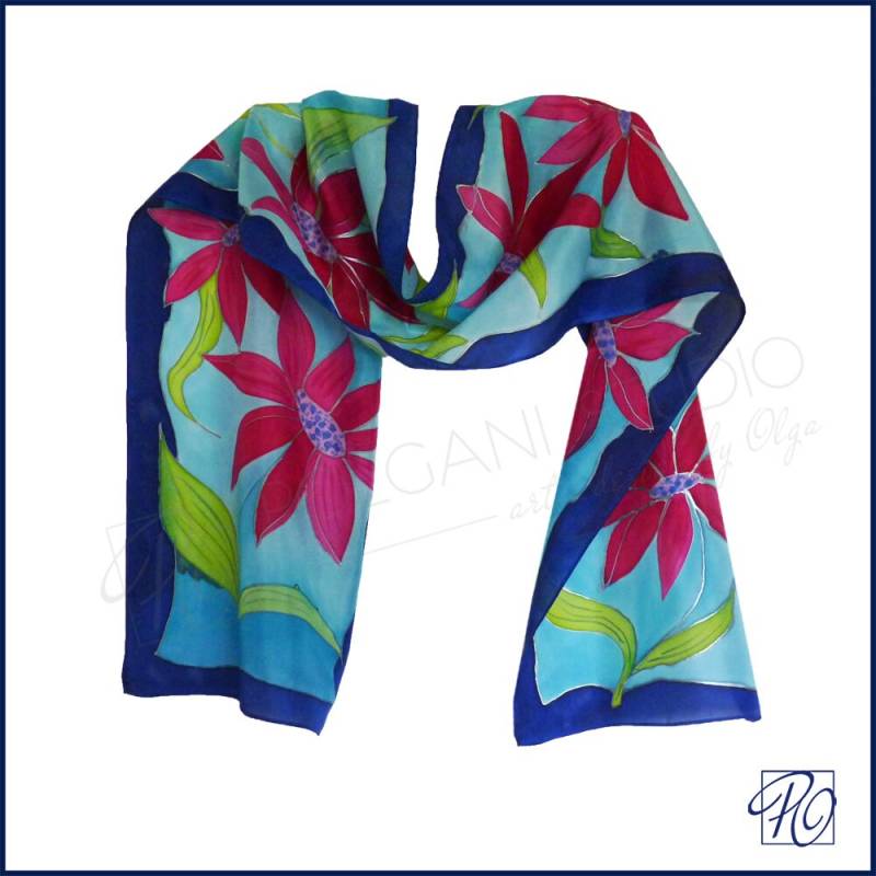 Poinsettia Blumen Seidenschal Handbemalter Frauen Schal 11x60 Zoll, Weihnachten von PolganiStudio