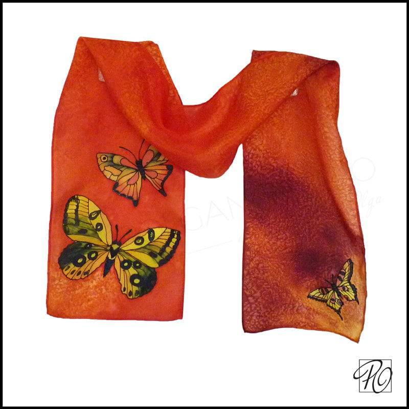 Schmetterlinge Seidenschal Orange Gelb Schwarz, Handbemalt Kleiner Schal 20x130 cm von PolganiStudio