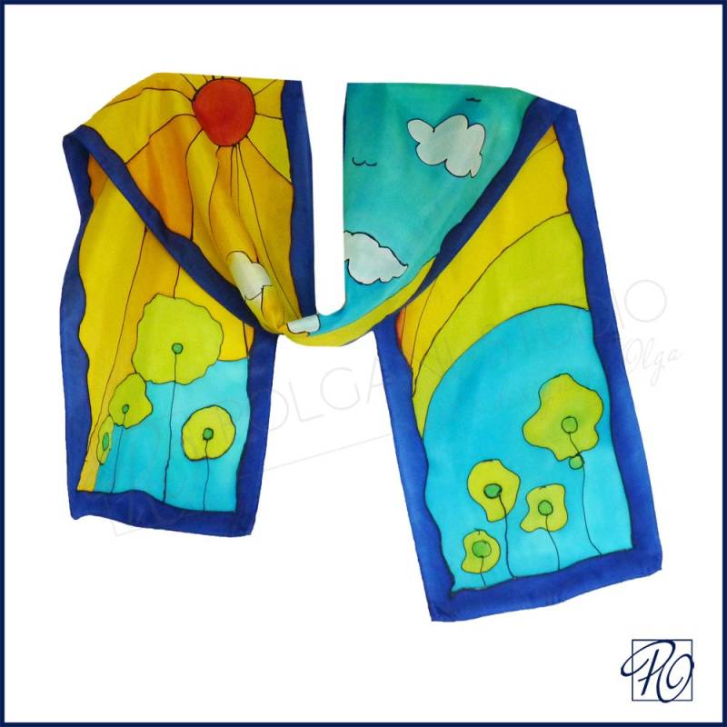 Seidenschal Blau Gelb Rot Sommer Handbemalt Kleines Tuch 20x140 cm von PolganiStudio