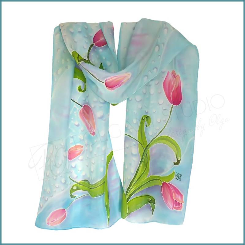 Seidenschal Tulpen Handbemalter Weicher Blauer Langer Schal 14 X 170 cm von PolganiStudio