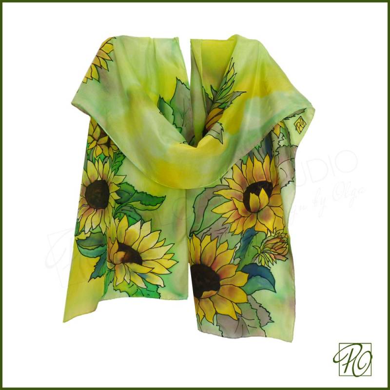 Sonnenblumen Seidenschal Handbemalter Designer Schal 36 X 17 cm von PolganiStudio