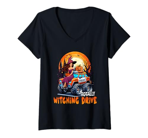 Damen Totally Witching Drive Cute Witch On Police Car Halloween T-Shirt mit V-Ausschnitt Damen Totally Witching Drive Cute Witch On Police Car Halloween T-Shirt mit V-Ausschnitt von Police Halloween Costume